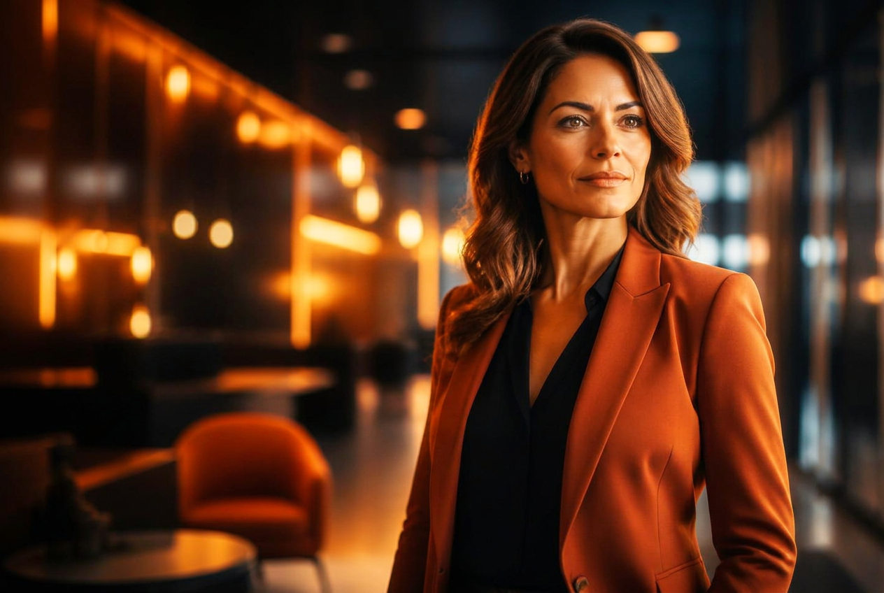 Marta Andrade conduzindo uma conversa de liderança em ambiente executivo
